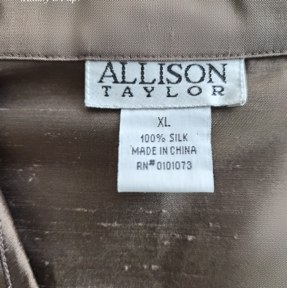 Allion Taylor Gold Silk Satin Band Collar V-Neck Blouse - Long Sleeve - Picture 2 of 7